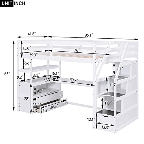 Twin Loft Bed with Stairs & Desk, Wood Loft Bed with Storage Shelves and Drawers, Functional Loft Bed with Cabinet, High Loft Bed with Guardrails, Staircase for Kids Teens Girls Boys, White
