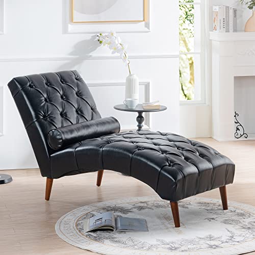Chaise Lounge Chair Indoor with Lumbar Pillow, Modern PU Leather Leisure Accent Soft Chair with Tufted Back, Ergonomic Armless Upholstered Chaise Couch Chair for Home Living Room Bedroom Office, Black