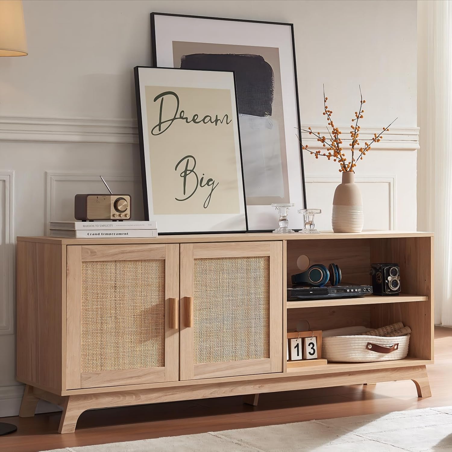 Okvnbjk TV Stand for 65 Inch TV, Rattan TV Console with Storage, Entertainment Center with Natural Rattan Doors & Adjustable Shelf, Media TV Stands for Living Room Bedroom, Oak