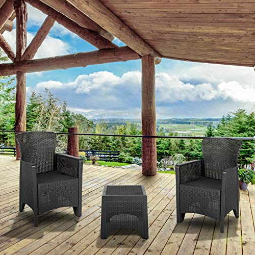 EMMA + OLIVER Chocolate Faux Rattan Plastic Chair Set with Matching Side Table
