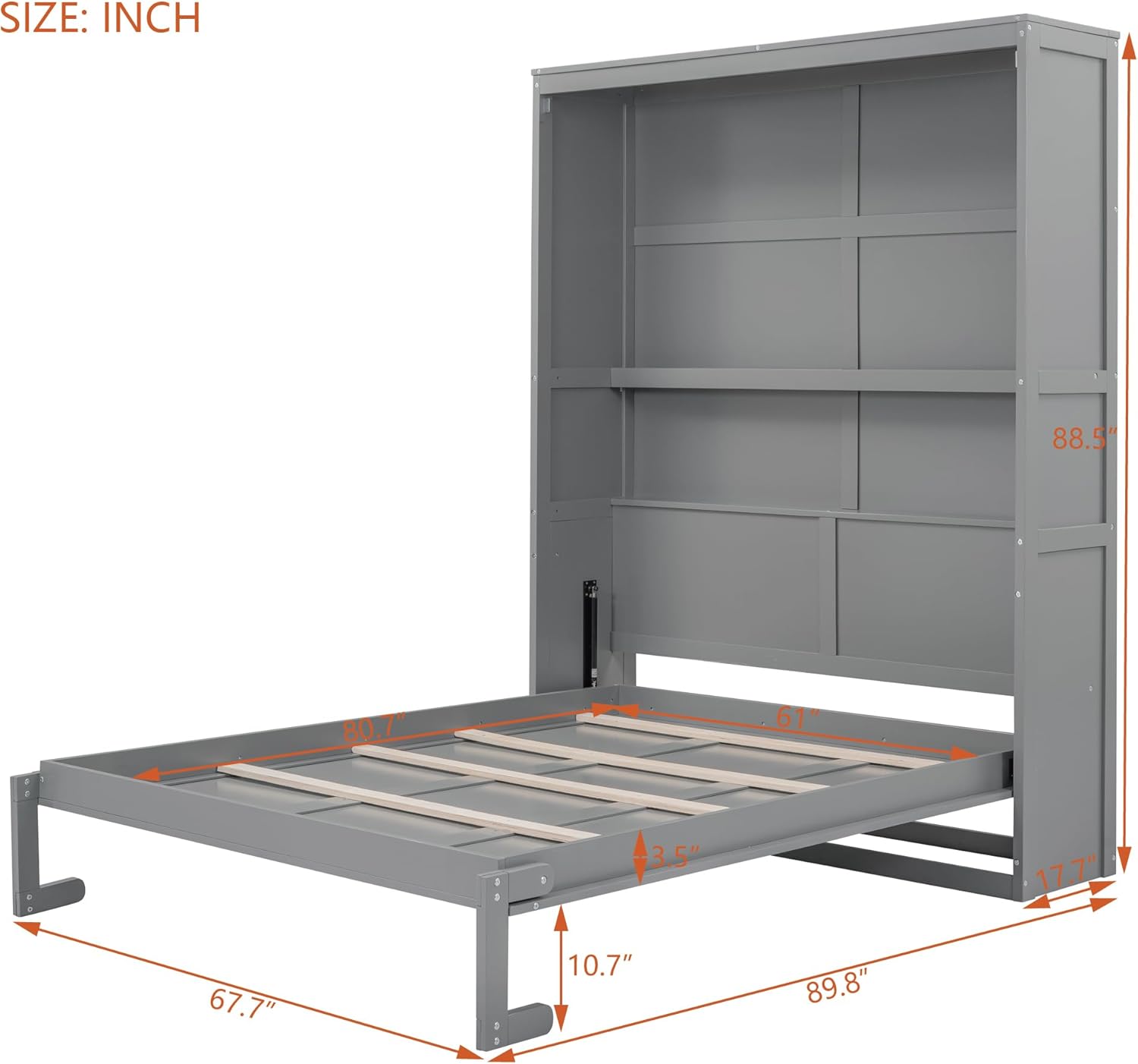 Queen Size Murphy Bed with Shelves, Murphy Wall Bed, Can be Folded into Cabinet for Apartment, Guest Room, Small Space, No Box Spring Needed, Gray+MD