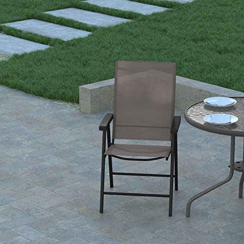 EMMA + OLIVER Priya Folding Patio Chair - Black Metal Frame - Brown Textilene Sling Style Seat - 352 lbs. Static Weight Capacity