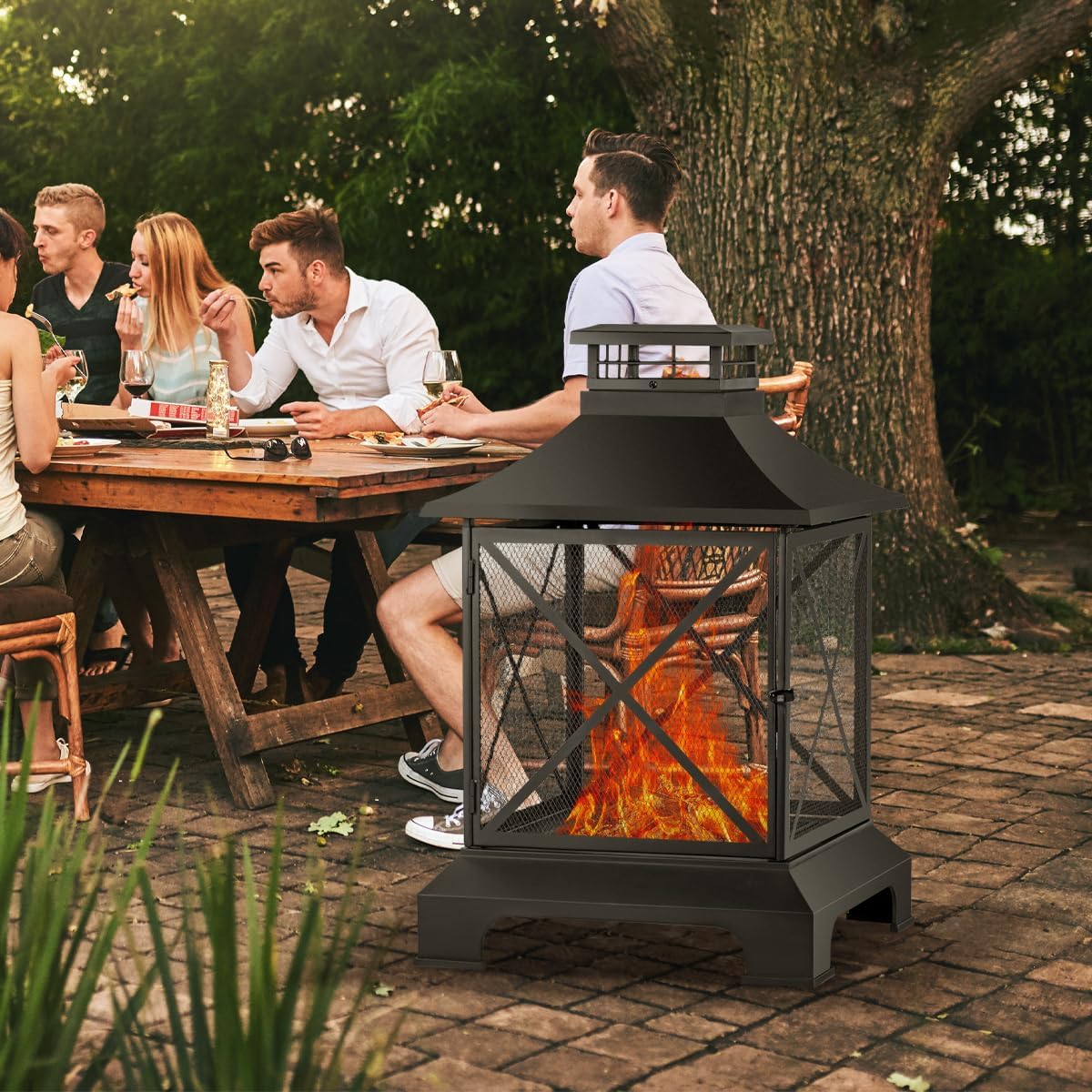 24” Square Fire pit, Outdoor Wood Burning Fire Pit & Metal Chiminea Fireplaces with Spark Screen Doors for Outside Patio Garden Backyard Bonfire Party