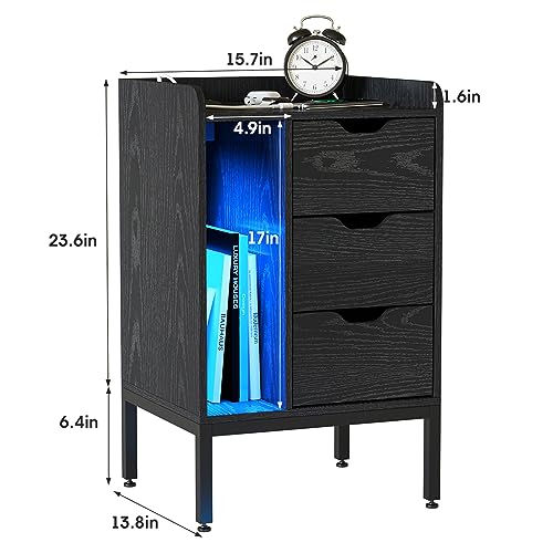 Fameill Nightstand Set of 2 with Charging Station and LED Lights,3 Drawers End Side Table for Bedrooms Set of 2,Wooden Bedside Table with USB Ports and Outlet,White