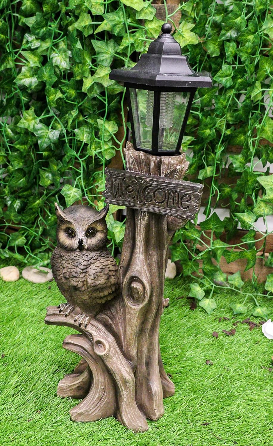 Ebros Haunted Forest Outpost Guardian Owl Welcome Sign Statue with Solar Powered Lantern LED Light Patio Decor Figurine 20