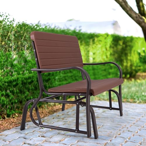HAPPYGRILL Outdoor Swing Glider Bench, Patio Loveseat Chair with Steel Frame, Rocking Bench for Porch Deck Poolside Garden, (Brown)