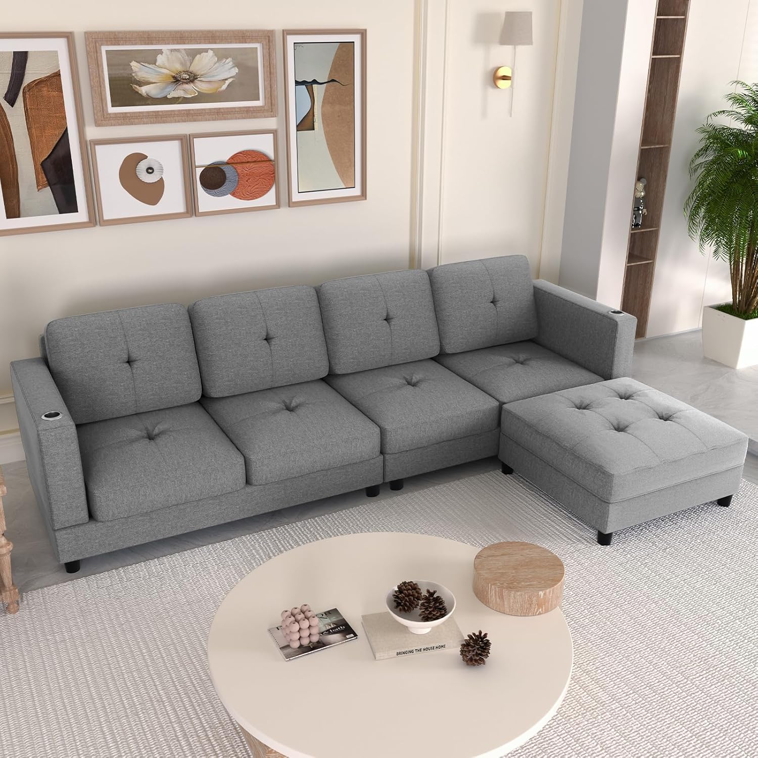 Convertible L Shaped Sofa with Ottoman, Linen Reversible Sectional Sofa with 2 Cup Holders, Modern L-Shape Couch 4 Seat Sectional Couches for Living Room Apartment - Light Grey