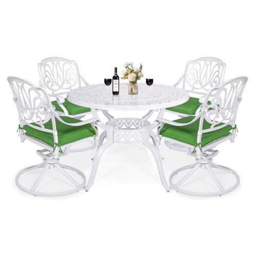 VIVIJASON 5-Piece Outdoor Patio Dining Set, All-Weather Cast Aluminum Conversation Set, Patio White Furniture Set, Include 2 Swivel Dining Chairs, 2 Stationary Chairs, 1 Round Table w/Umbrella Hole