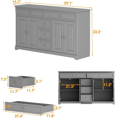 FAMAPY Sideboard Credenza with 5 Drawers, Sideboard Buffet Cabinet with 4 Doors, White Buffet Cabinet with Gold Knobs, Home Bar Cabinet, for Living Room Kitchen Hallway, 15.7”D x 59.1”W x 33.5”H