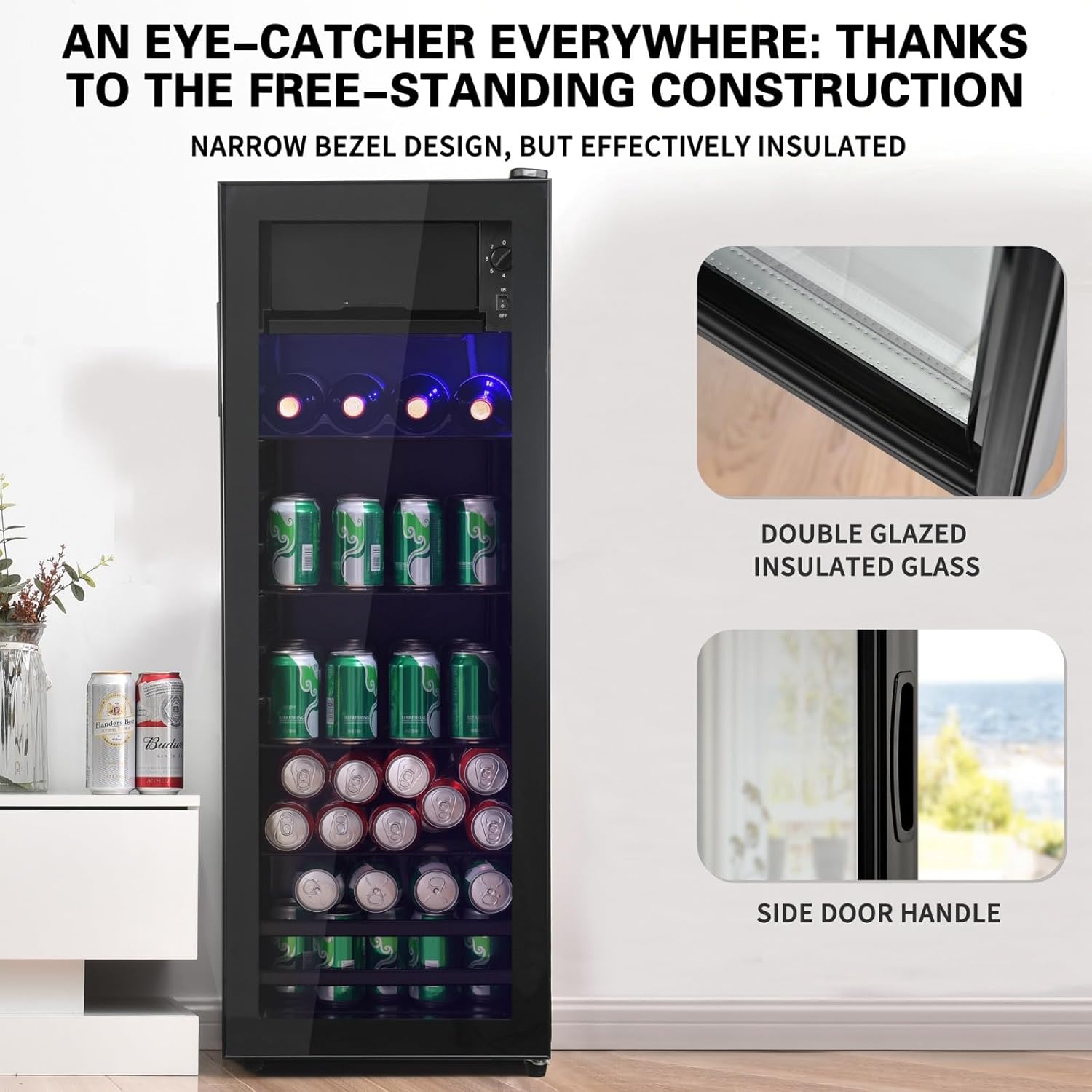 4.5 Cu.Ft Beverage Refrigerator - Mini Fridge with Freezer, Holds 160 Cans, Glass Door, Drink/Wine/Beer Cooler for Office, Bar, Bedroom - Compact Refrigerator, Efficient - Black