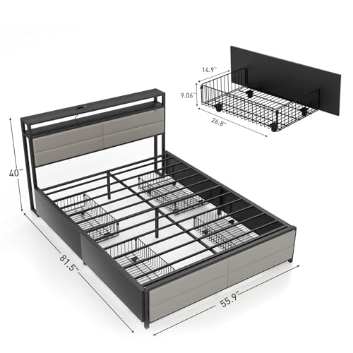Bonzy Home Full Size Bed Frame with 4 Storage Drawers and USB Port, Platform Bed Frame with Lights, Strong Metal Slats Support, No Box Spring, Non-Noise, Mattress Foundation, Grey