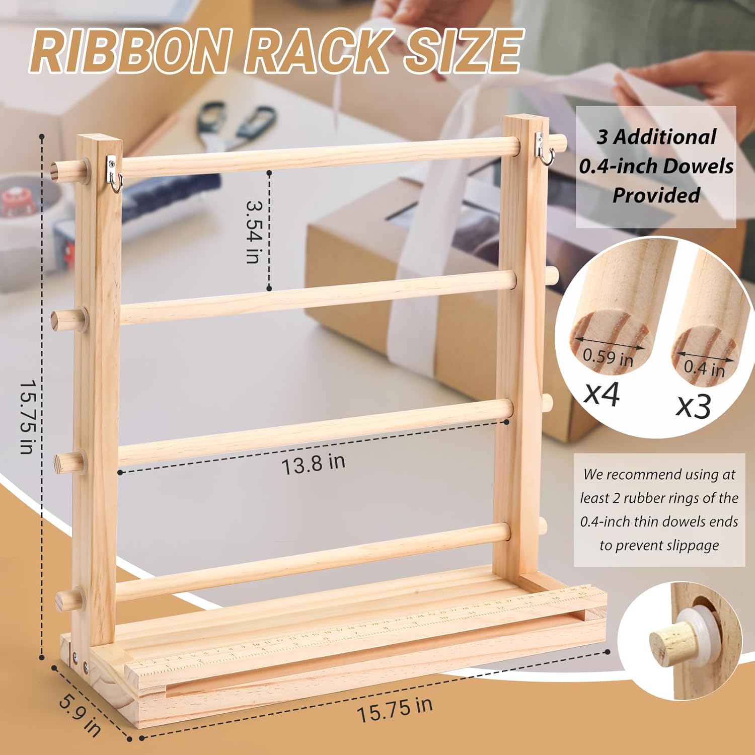 Ribbon Organizer - Wooden Ribbon Spool Holder for Mesh Ribbon Wreath Thread Tulle Roll Washi Tape, Ribbon Holder Organizer Rack for Craft Room, Florist Supplies, Wrapping Craft Present