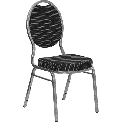 Flash Furniture 4 Pack HERCULES Series Teardrop Back Stacking Banquet Chair in Black Patterned Fabric - Silver Vein Frame