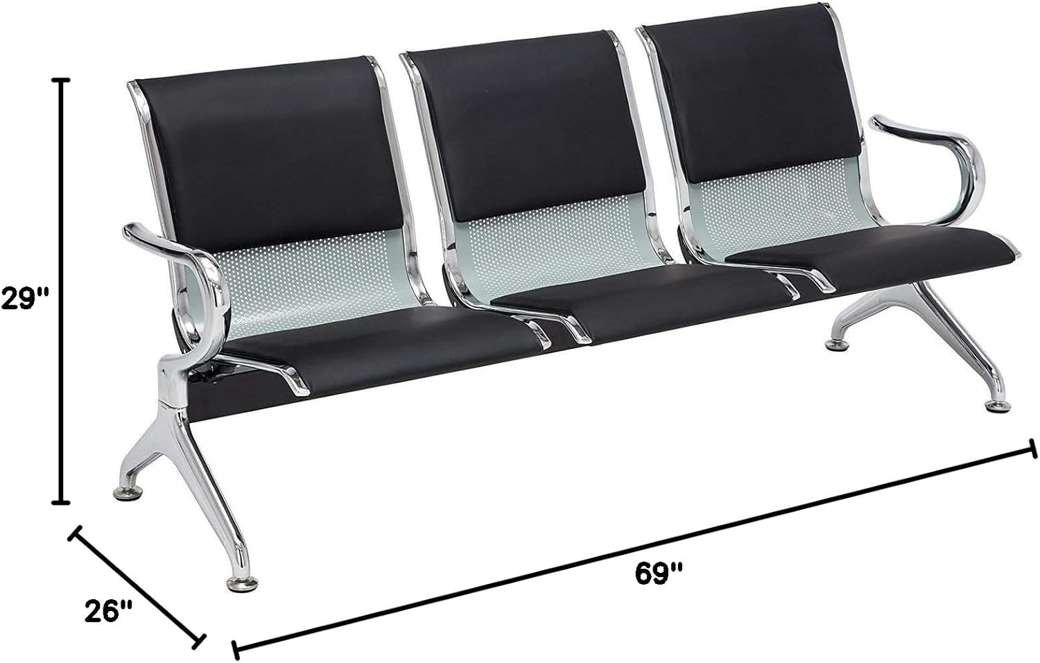 Kintness PU Leather 3-Seat Reception Bench Waiting Room Chair Airport Garden Salon Barber Guest Bench Black