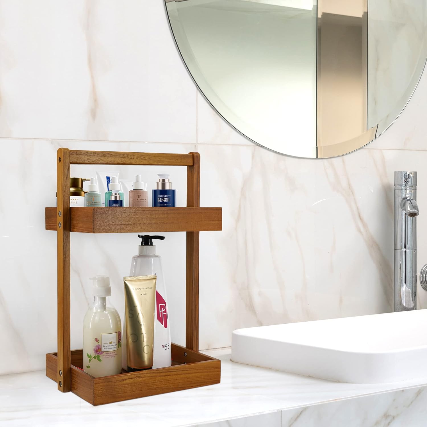 Utoplike Teak Wood Shower Foot Stool for Shaving Legs 2 Tier Shower Caddy Organizer