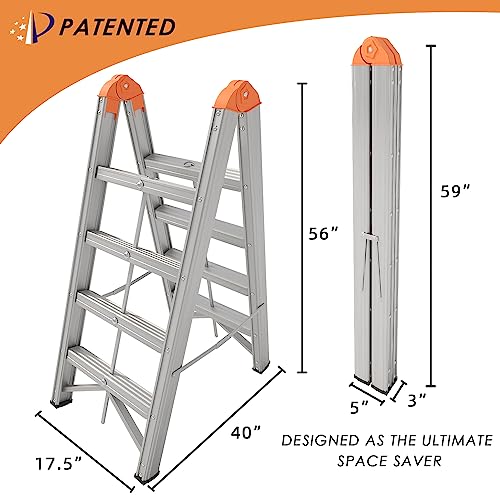 Aluminum Ladder, Foldable Twin Front Ladder, Collapsible A Frame 5-Step Ladder, Compact Step Stool with Wide Anti-Slip Pedal, Aluminum Portable Lightweight Ladder, EN131, 330lb Capacity