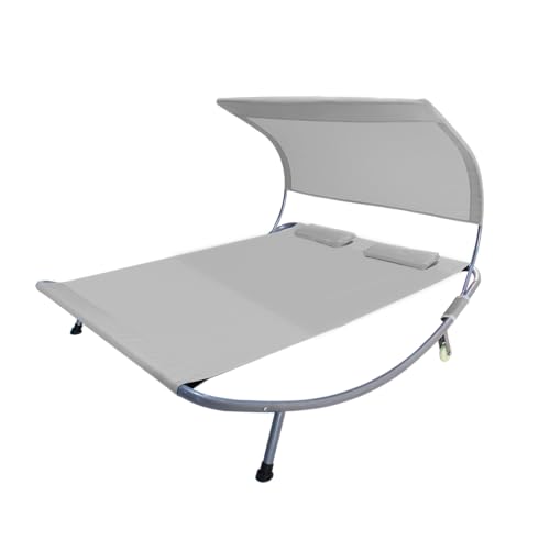 Outdoor Double Chaise Lounge Bed with Canopy, Headrest Pillow and Wheels, Perfect for Hammock Bed for Patio, Yard, Pool,Beige