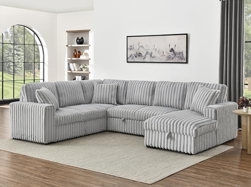 roomfitters 122 Inch Pull Out Couch, Rabbit Plush Fabric Sofa Bed with USB Ports & Comfy Upholstered, Oversized U Shape Sectional Sleeper Sofa Bed with Storage Chaise, Khaki