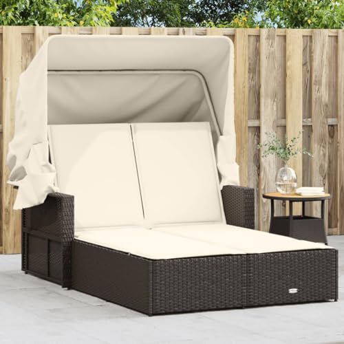 Outdoor Wicker Double Sun Lounger with Canopy and Cream White Cushions, Outdoor Double Chaise Lounge Chair with Folding Canopy, Outdoor Wicker Lounge Daybed, Brown Poly Rattan