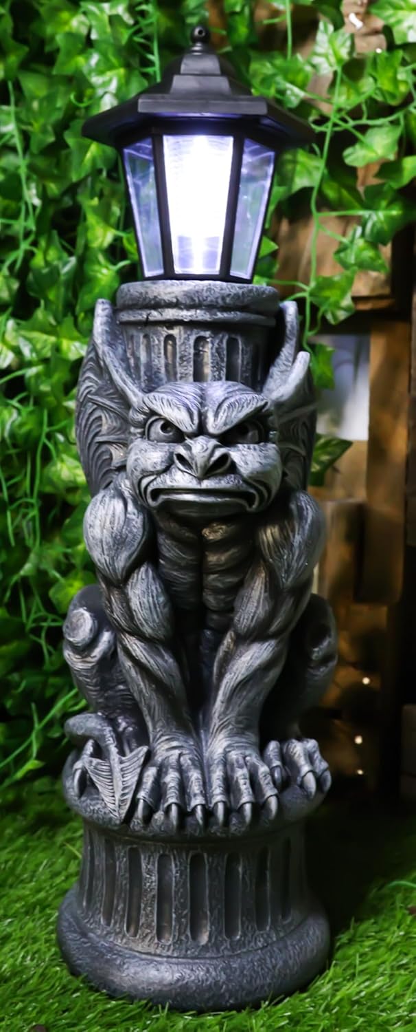 Ebros Faux Stone Gothic Crouching Winged Gargoyle Statue with Solar LED Lantern Light Post 20