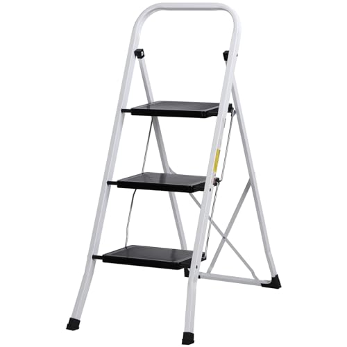 ZENY 3 Step Ladder Folding Step Stool with Wide Anti-Slip Pedal, Convenient Handgrip, Portable Steel Step Stool, 300 lbs Sturdy Steel Ladder for Household and Office