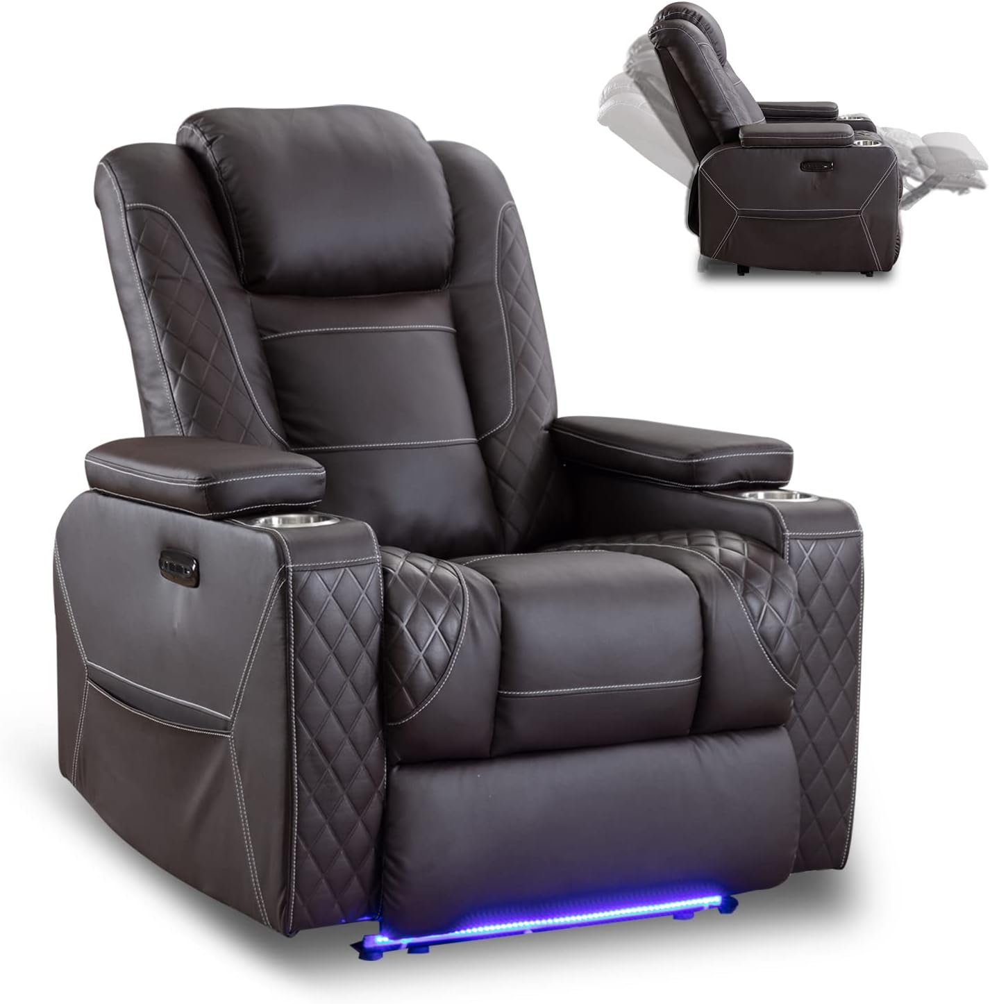 IPKIG Electric Power Recliner Chair, Home Theater Seating with Blue Color Ambient Lighting/Powered Headrest/USB Ports/Cup Holder/Hidden Arm Storage (Brown, Row of 1)