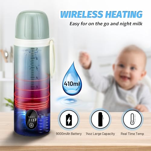 Portable Water Warmer, Milk Warmer for Breastmilk or Formula,14 Ounce Large Capacity, 9000mAh Battery Power - Up to 12h, Water Warmer for Baby Brew Formula,Travel Friendly, On The Go, Pink