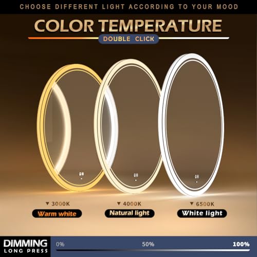 Round Mirror Bathroom LED Lighted Mirror, Illuminated Dimmable Anti-Fog Wall-Mounted Makeup Vanity Mirror with Lights (24 * 24 inch)