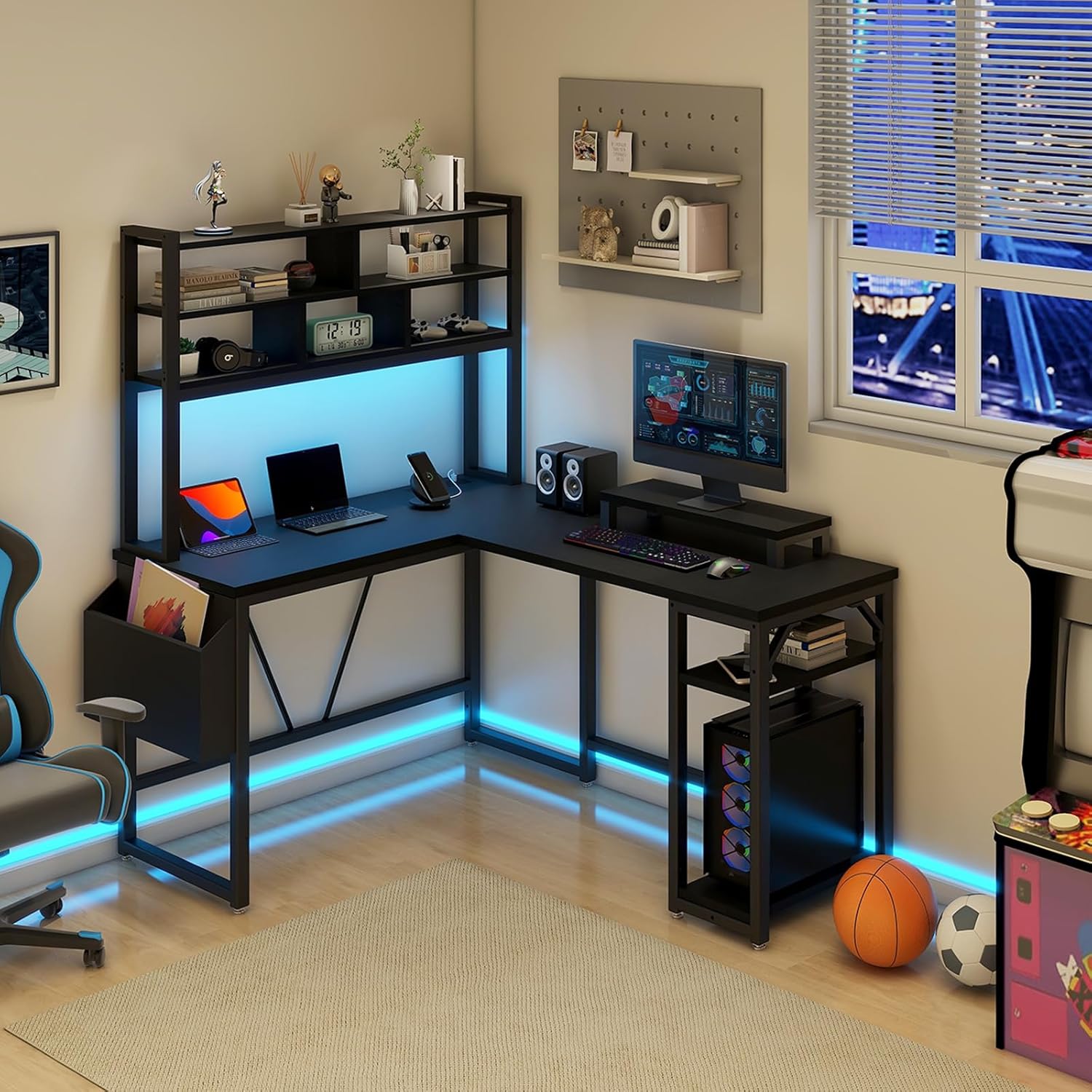 L Shaped Computer Desk with LED Sensor Lights and Power Outlets, Reversible L Shape Gaming Desk with Storage Bag and Hutch Monitor Stand, Home Office Desk with USB Port