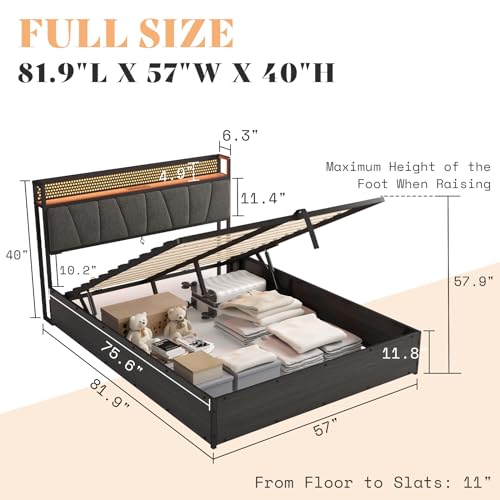 AMERLIFE Full Size Lift Up Bed Frame with Linen Upholstered & LED Light & Storage Headboard, Platform Bed Frame with Charging Station, No Box Spring Needed, Noisy Free, Black
