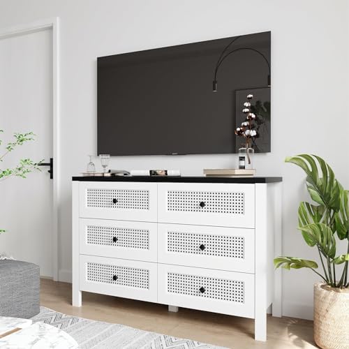 Dresser for Bedroom with 6 Drawers, Modern Dresser with Non-Handles Dresser, Double Chest of Drawers TV Stand Dresser for Girls bedroom Living Room, Hallway, Entryway