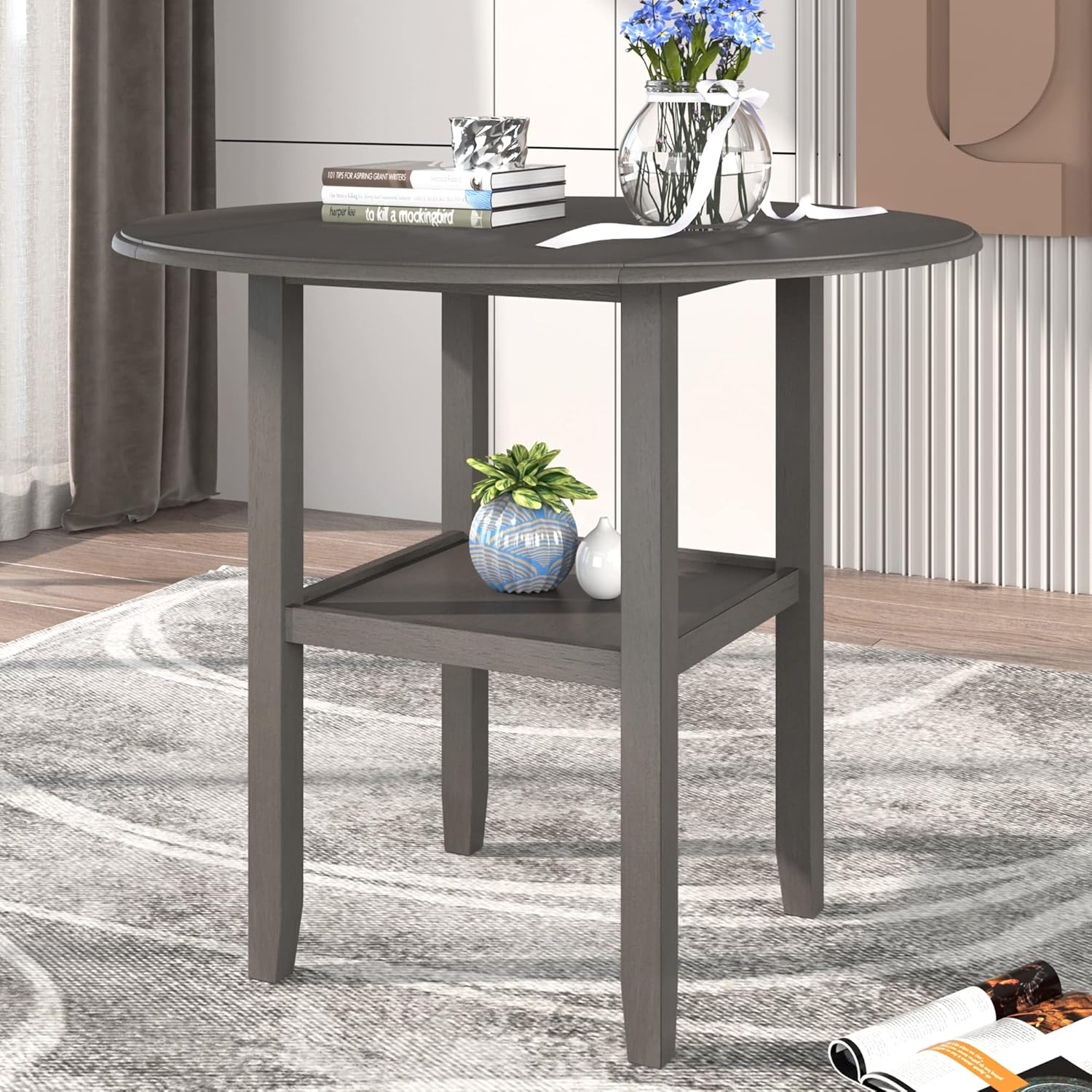 Merax Farmhouse Round Counter Height Kitchen Dining Table Leisure Table with Drop Leaf and One Shelf for Kitchen Dining Room Living Room Small Places,Gray