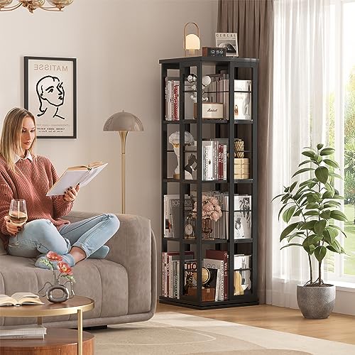 Aheaplus Rotating Bookshelf, Corner Bookshelf, 360 Display Wood Spinning Bookshelf, Floor Standing Bookcase Narrow Shelf Revolving Organizer Storage Rack for Small Space, Bedroom, Study Room, Grey Oak