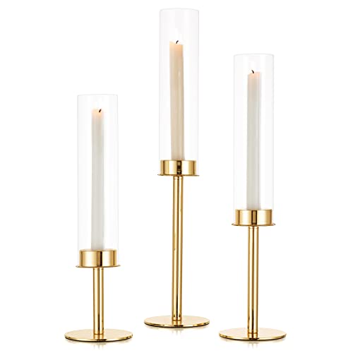 Sziqiqi Gold Taper Candle Holders for Table Centerpiece - 1.6feet Tall Candlestick Holders for Wedding Candlelight Dinner Glass Hurricane Candleholder Set of 3