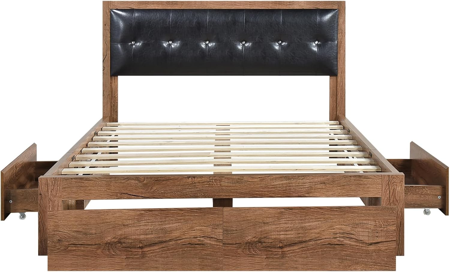 Queen Size Wood Platform Bed Frame with Upholstered Headboard Under Bed Storage and 4 Drawers,Heavy Duty Wood Slat Support Noise Free, No Box Spring Needed, Easy Assembly, Walnut