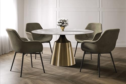 LeisureMod Round Dining Table with Glass Tabletop and Gold Stainless Steel Base for Home and Kitchen Prynn Collection, 60
