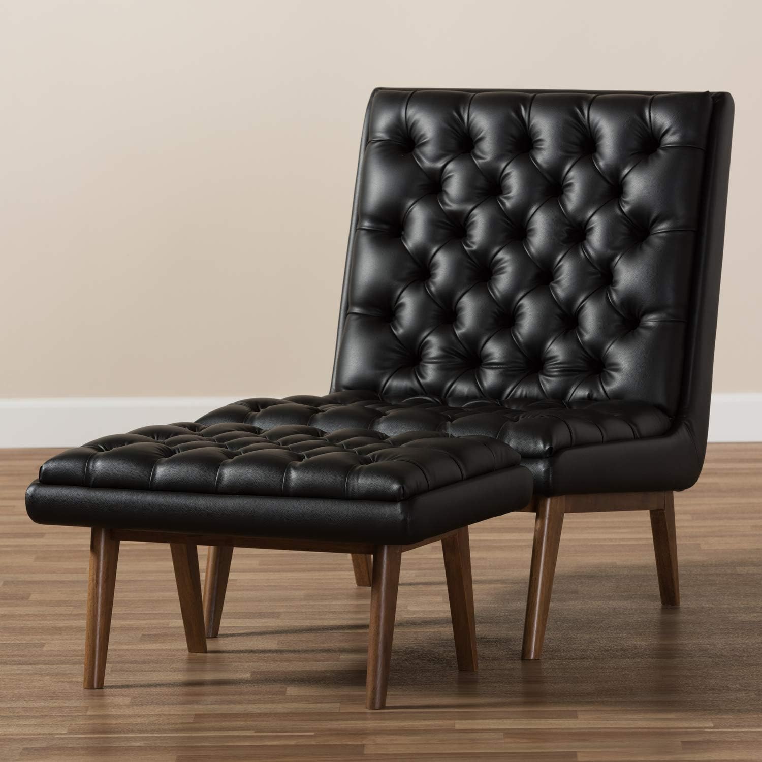 Baxton Studio Annetha Mid-Century Modern Black Faux Leather Upholstered Walnut Finished Wood Chair and Ottoman Set Black//Medium Wood/Mid-Century/Faux Leather/Rubber Wood/Foam