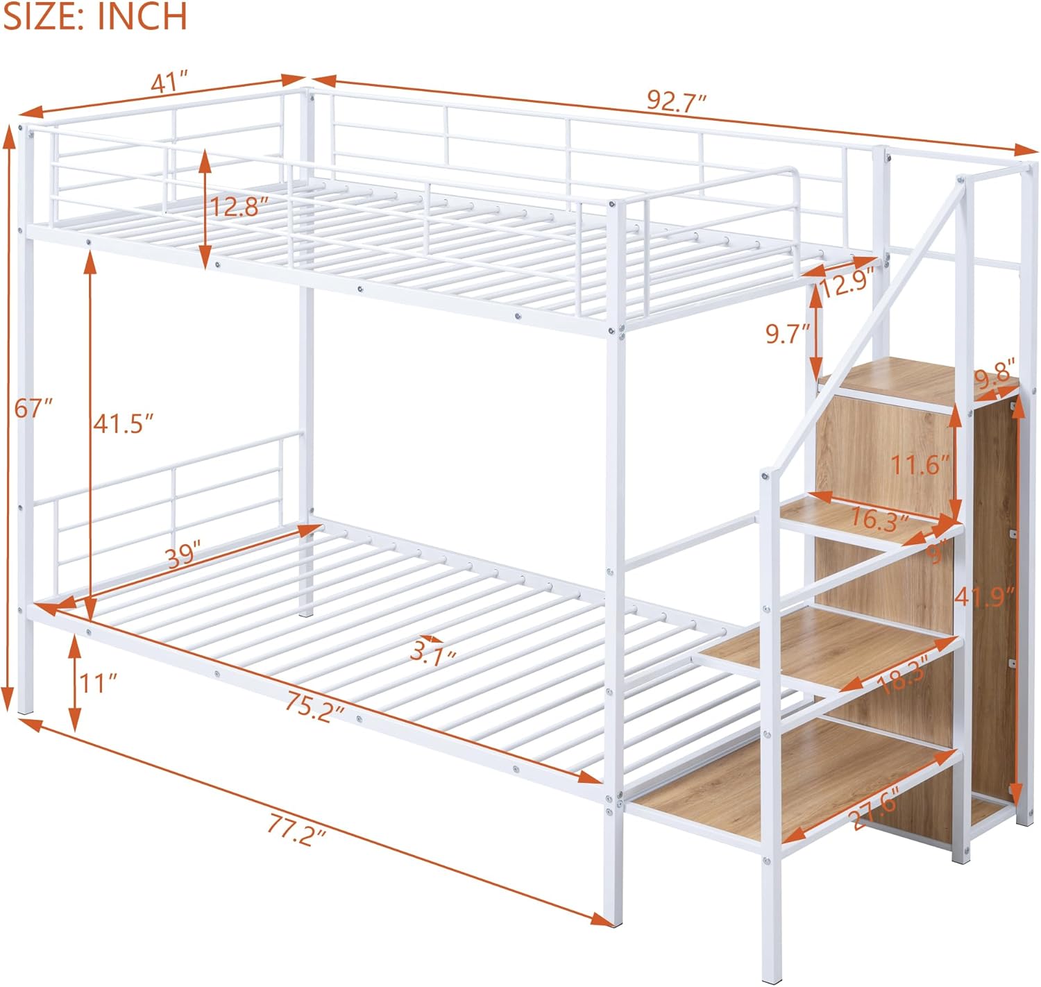 Bellemave Twin Over Twin Bunk Bed with Stairs and Wardrobe, Metal Bunk Bed Frame with Storage Shelves for Kids, Industrial Style Bunked Frame with Steps for Boys Girls Teens, White