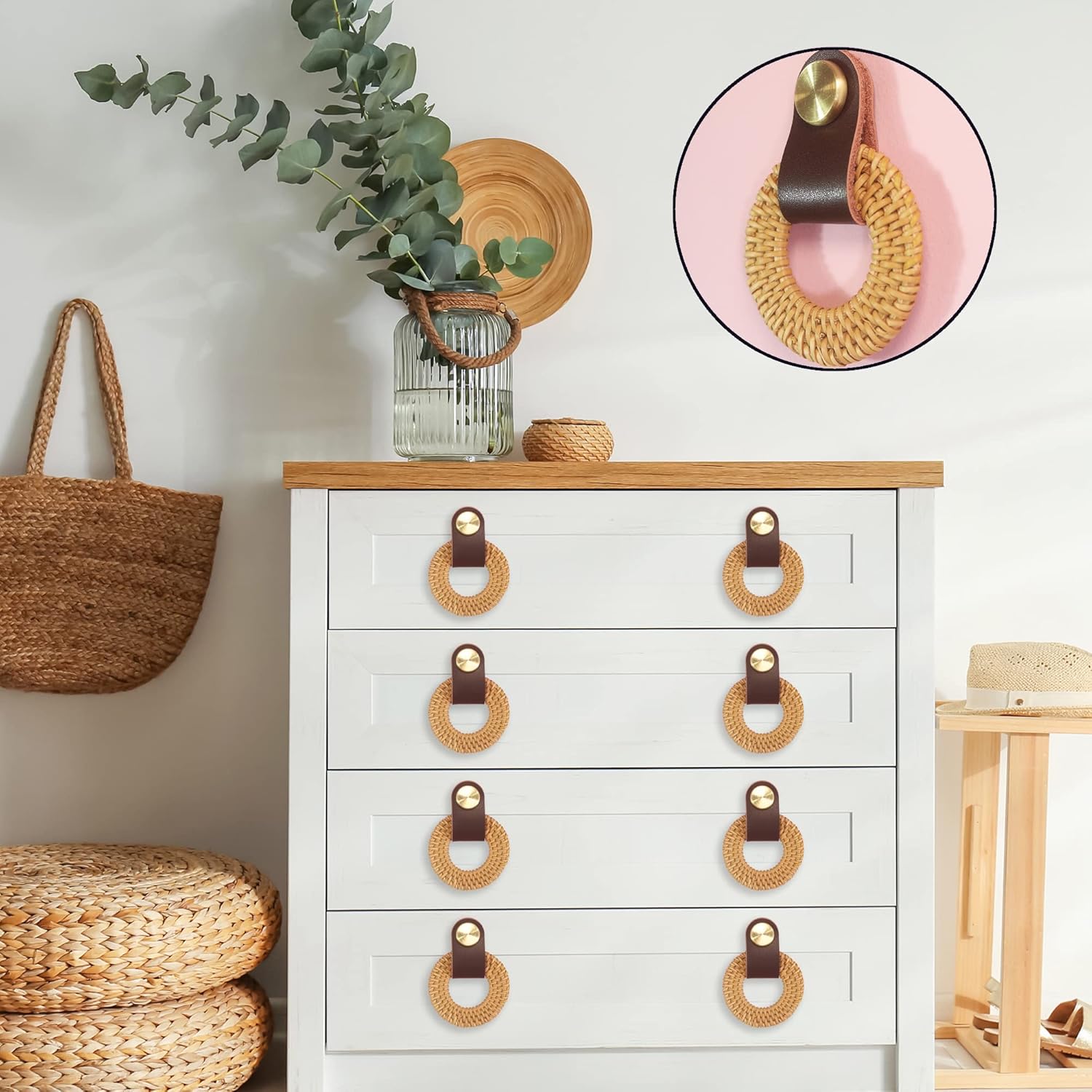 6 Pack Rattan Dresser Knobs Leather Drawer Knobs Boho Wicker Woven Rattan Soft Leather Drawer Pulls Handles Cabinet Knobs Furniture Pulls Wardrobe Cupboard Handles Pulls Door Knobs (Natural)