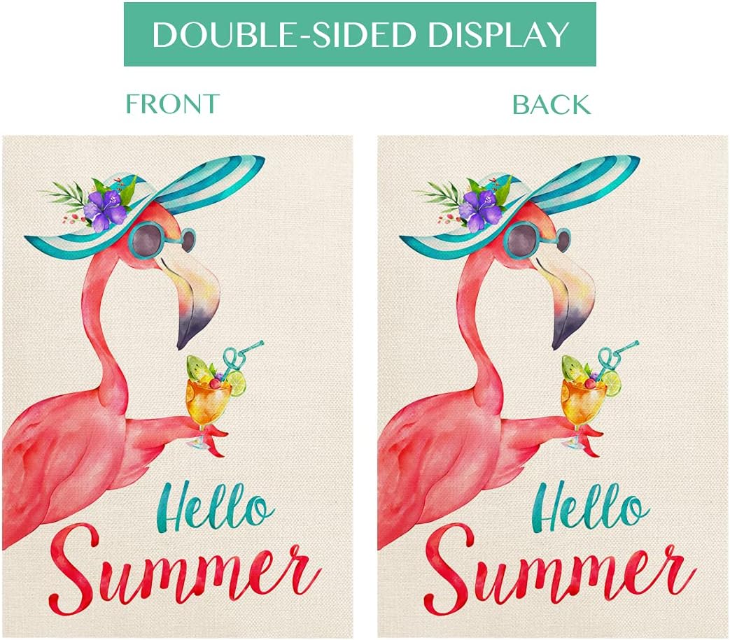 Summer Garden Flags 12x18 Double Sided, Vertical Burlap Hello Summer Flamingo Garden Flag, Yard Flag for Home Outdoor Seasonal Decor
