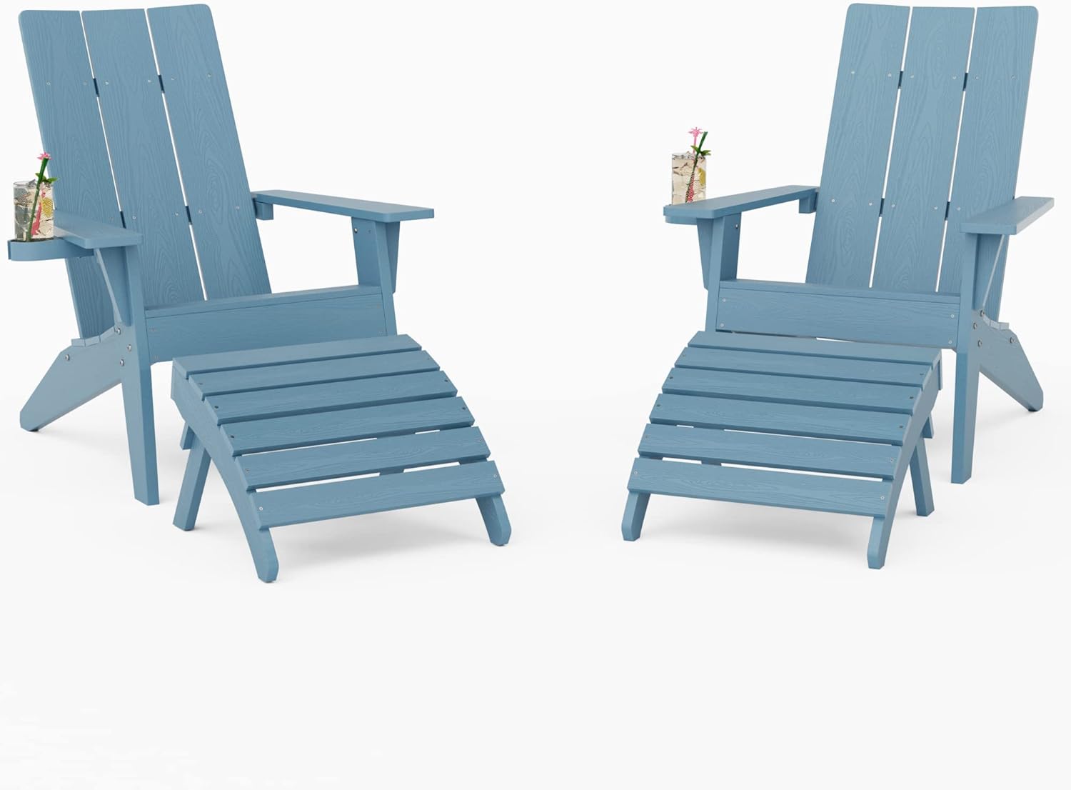 MXIMU Adirondack Chair & Ottoman 4-Piece Set, Weather Resistant Plastic Chairs with Cup Holder Adorondic Set for Area Seating Lifetime Wide Use in Backyard, Garden, Lawn, Porch (Blue)
