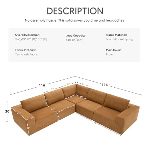 Yogald Minimalist Modular Sofa, L-Shaped Sectional Cloud Sofa, Comfy Upholstered 5 Seats Luxury Floor Couch, for Living Room Office Apartment (Gray)