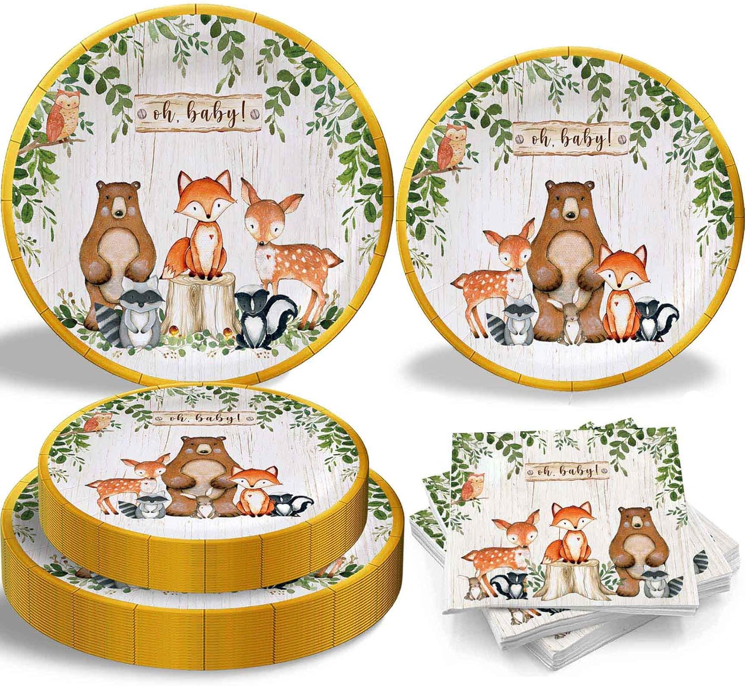 Woodland Baby Shower Decorations, Woodland Forest Animals Baby Shower Tableware for 24 Guests, Woodland Theme Baby Shower Supplies Tableware, Paper Plates, Napkins, Dessert Plate