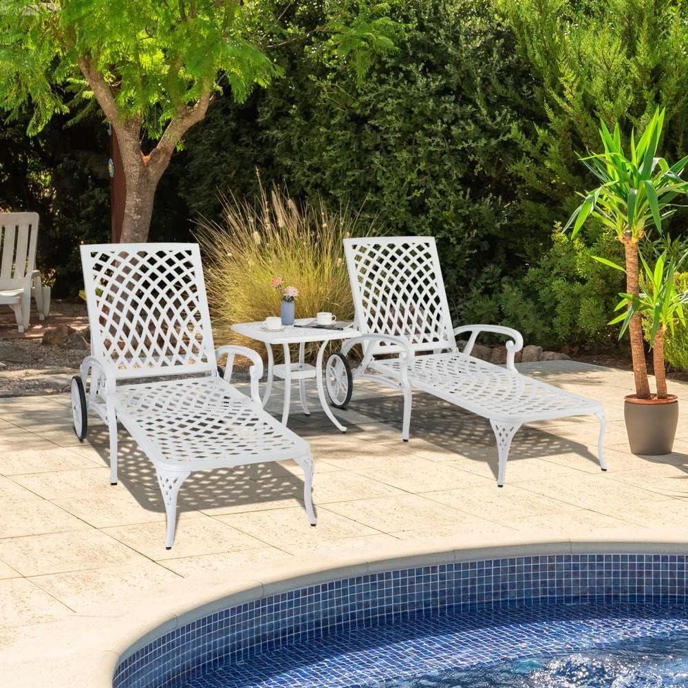 Adjustable Outdoor Chaise Lounge - Cast Aluminum Poolside Recliner White Furniture for Courtyard Seating and Garden Relaxation