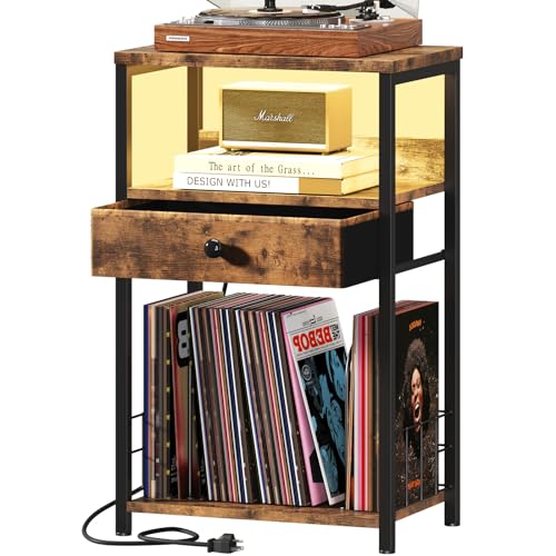 BOLUO Black Record Player Stand with Vinyl Storage and Drawer,Record Player Table with Charging Station and LED Light,Turntable Stand for Album CD