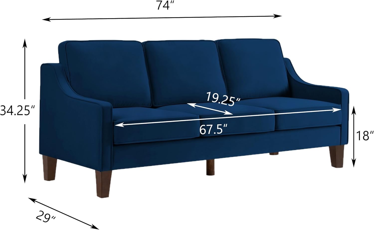 Velvet Upholstered 3 Seater Sofa Couch with Wooden Legs and Removable Cushions,Easy to Install,for Livingroom,Apartment,Office,Navy