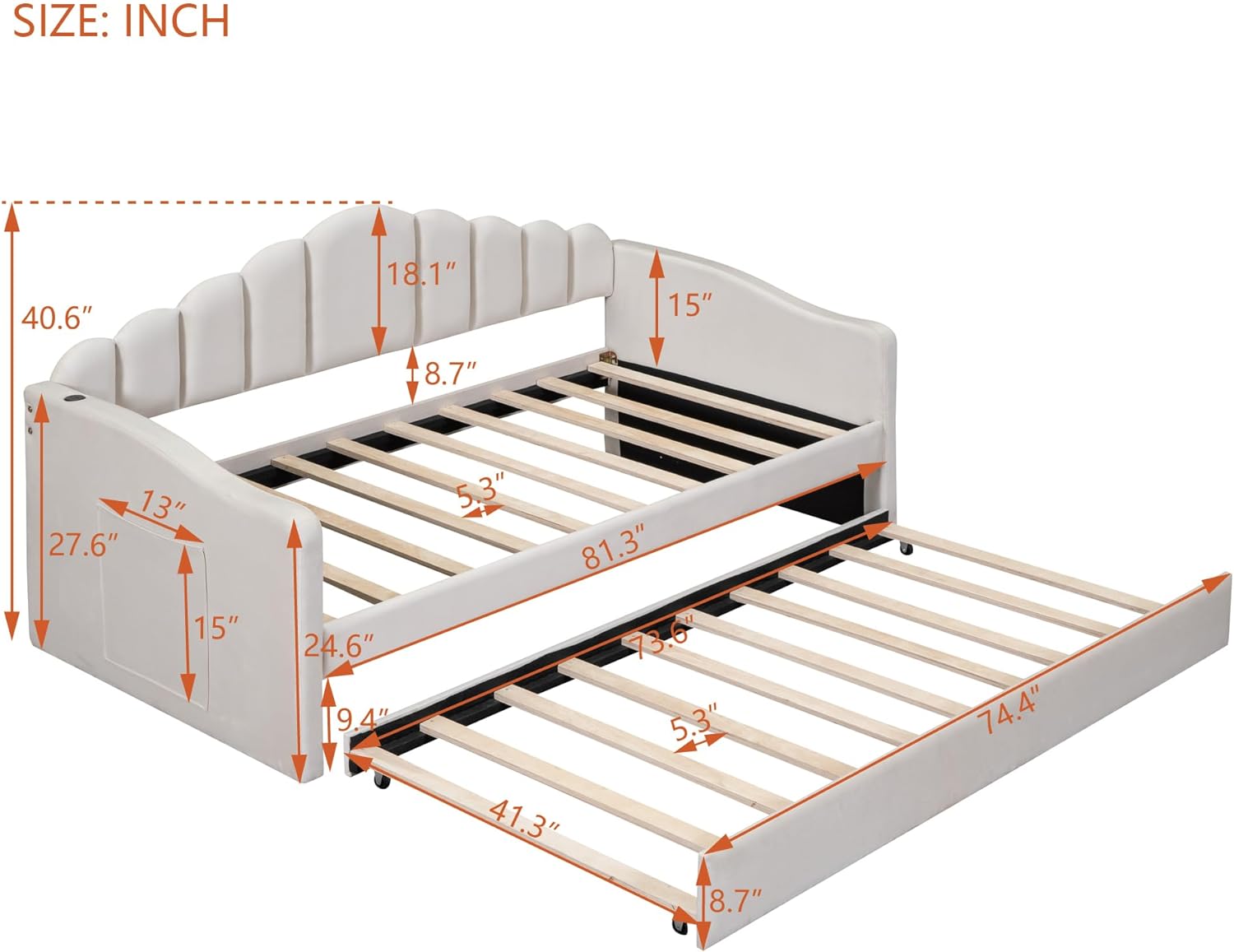 MERITLINE Upholstered Daybed with Trundle, Twin Size Velvet Sofa Bed with USB Port and 2 Large Pockets for Bedroom, Wood Slat Support, No Box Spring Needed, Easy Assembly（Beige）