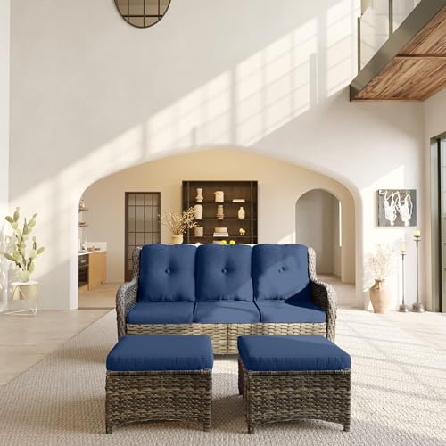 Patio Conversation Set - 3-Piece Wicker Patio Set, A 3-Seat Sofa and 2 Ottomans, Outdoor Wicker Patio Furniture, Cushions Included, Green
