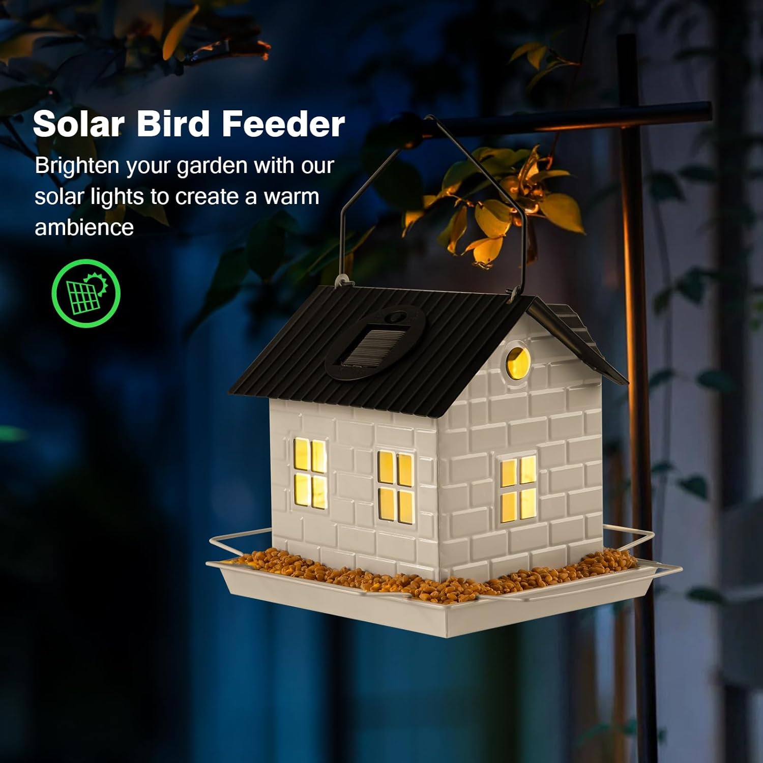 Solar Bird Feeder for Outdoors Hanging, Squirrel Proof Bird Feeders, Metal Solar Bird Feeder House, Wild Bird Feeders for Finch Cardinal Chickadee, Large Capacity, Durable & Weatherproof