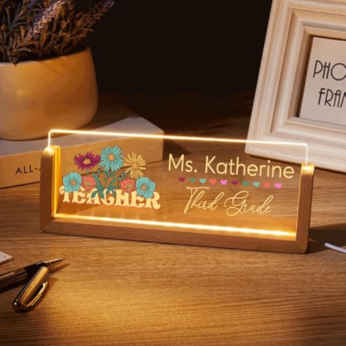 Personalized Teacher Desk Name Acrylic LED Light - Custom Teacher Desk Name Plate, Teacher Office Desk Decor, Teacher Name Sign, Teacher Gifts for Christmas Birthday, Teacher Plaques 19